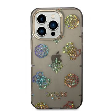 Husa de protectie telefon Guess pentru iPhone 14 Pro, Peony Glitter, Plastic, Negru