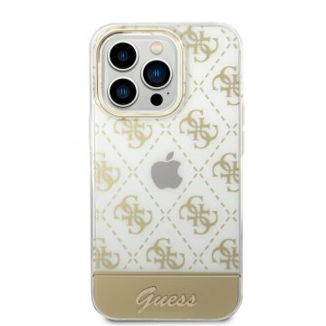 Husa telefon Guess pentru iPhone 14 Pro, Peony Glitter Script Logo, Plastic, Auriu