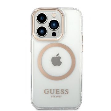 Husa telefon Guess pentru iPhone 14 Pro, Transparent MagSafe, Plastic, Auriu