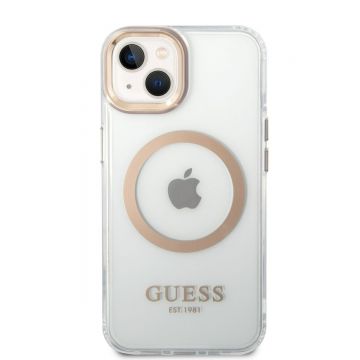 Husa telefon Guess pentru iPhone 14, Transparent MagSafe, Plastic, Auriu
