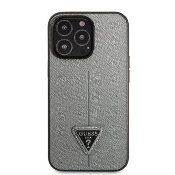 Husa telefon Guess, PU Saffiano Triangle Case pentru Apple iPhone 13 Pro, Poliuretan, Argintiu