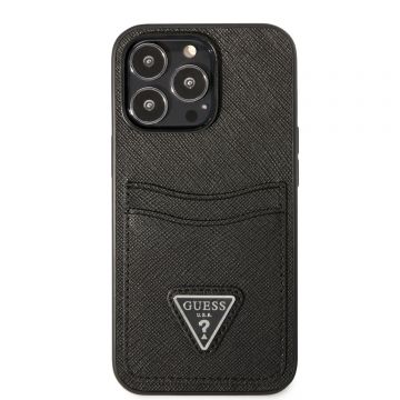 Husa de protectie telefon Guess, Saffiano Double Card Case pentru Apple iPhone 13 Pro Max, Plastic, Negru