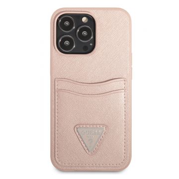 Husa de protectie telefon Guess, Saffiano Double Card Case, pentru iPhone 13 Pro Max, Plastic, Roz