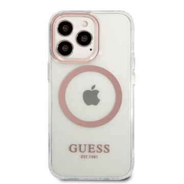 Husa telefon Guess, Transparent MagSafe pentru Apple iPhone 13 Pro Max, Plastic, Roz