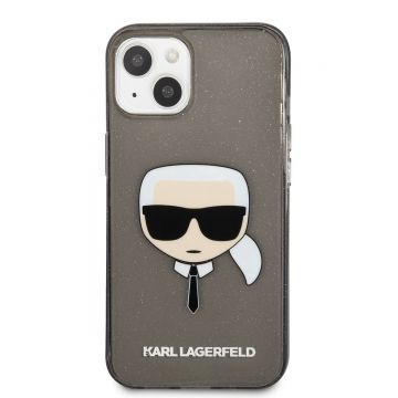 Husa telefon Karl Lagerfeld pentru iPhone 13 Mini, Karl Head Full Glitter, KLHCP13SKHTUGLB, Plastic, Black
