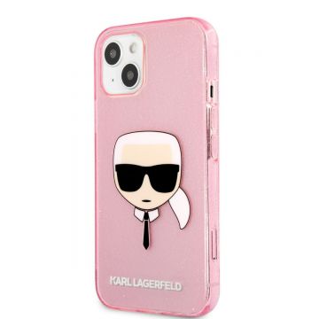 Husa telefon Karl Lagerfeld pentru iPhone 13 Mini, Karl Head Full Glitter, KLHCP13SKHTUGLP, Plastic, Roz