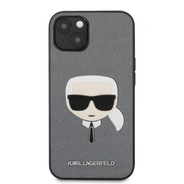 Husa telefon Karl Lagerfeld pentru iPhone 13 Mini, Saffiano Karl Head, KLHCP13SSAKHSL, Piele ecologica, Silver