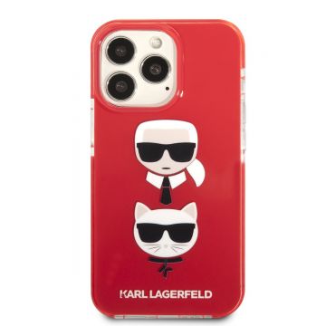 Husa telefon Karl Lagerfeld pentru iPhone 13 Pro, Karl and Choupette Heads, Plastic, Rosu
