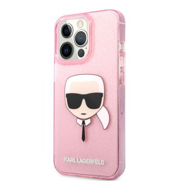 Husa telefon Karl Lagerfeld pentru iPhone 13 Pro, Karl Head Full Glitter, KLHCP13LKHTUGLP, Plastic, Pink