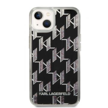 Husa telefon Karl Lagerfeld pentru iPhone 14, Monogram Liquid Glitter, Plastic, Negru
