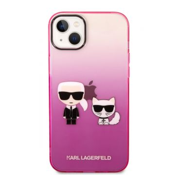 Husa telefon Karl Lagerfeld pentru iPhone 14 Plus, Gradient Karl and Choupette, Plastic, Roz