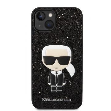 Husa telefon Karl Lagerfeld pentru iPhone 14 Plus, Ikonik Karl Glitter Flakes, Plastic, Negru