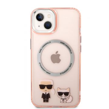 Husa telefon Karl Lagerfeld pentru iPhone 14 Plus, Karl and Choupette, MagSafe, Plastic, Roz