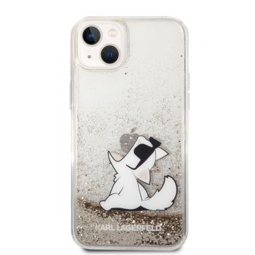 Husa telefon Karl Lagerfeld pentru iPhone 14 Plus, Liquid Glitter Choupette Eat, Silicon lichid, Auriu