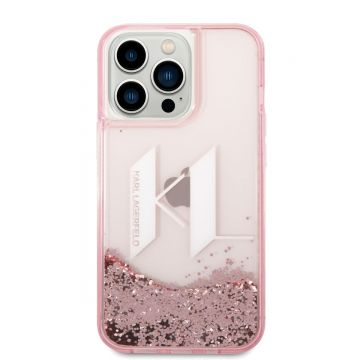 Husa telefon Karl Lagerfeld pentru iPhone 14 Pro, Liquid Glitter Big KL Logo, Plastic, Roz