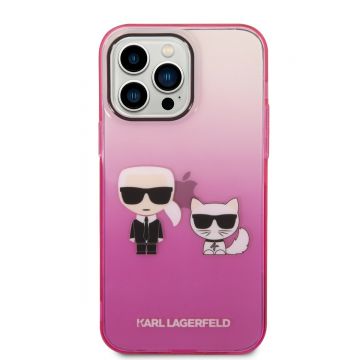 Husa telefon Karl Lagerfeld pentru iPhone 14 Pro Max, Gradient Karl and Choupette, Plastic, Roz