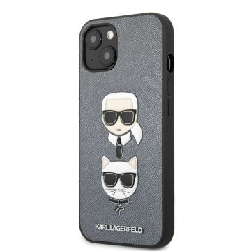 Husa telefon Karl Lagerfeld, Saffiano Karl and Choupette Heads Case pentru Apple iPhone 13 mini, Argintiu