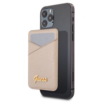 Suport pentru telefon tip card Guess compatibil cu Apple MagSafe, Saffiano Metal Logo, Piele ecologica, Auriu
