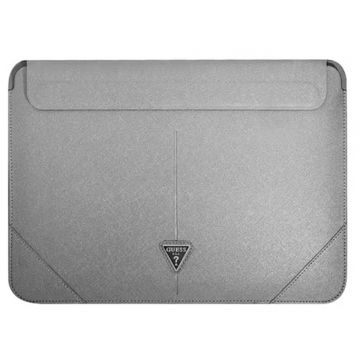 Husa laptop Guess pentru Laptop de 16 inch, Saffiano Triangle Metal Logo, Piele ecologica, Argintiu