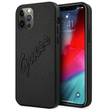 Husa Protectie Spate Guess Saffiano Vintage Script GUHCP12LRSAVSBK pentru iPhone 12 Pro Max (Negru)