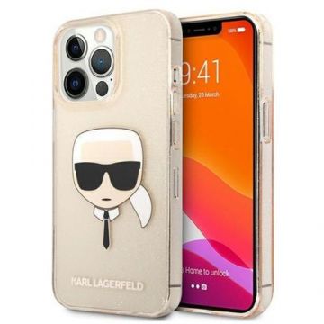 Husa Protectie Spate Karl Lagerfeld Glitter Karl's Head KLHCP13XKHTUGLGO pentru iPhone 13 Pro Max (Auriu)