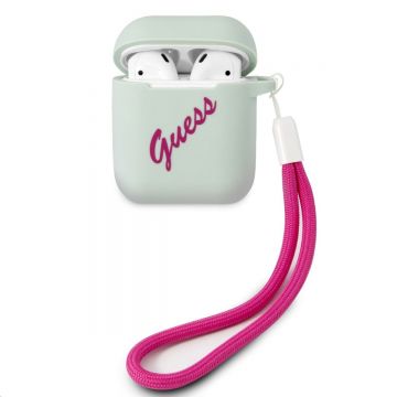 Resigilat - Husa airpods Guess pentru AirPods 1/AirPods 2, Vintage with Strap, Silicon, Blue