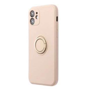 Husa compatibila cu iPhone 13 Pro Max, silicon, inel rotativ pentru prindere magnetica, interior din catifea, Roz Pal