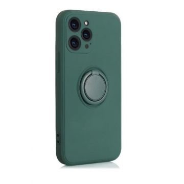 Husa compatibila cu iPhone 14 Plus, silicon, inel rotativ pentru prindere magnetica, interior din catifea, Verde inchis