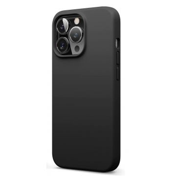 Husa din silicon compatibila cu iPhone 12 Pro, silk touch, interior din catifea, camera bump, Negru