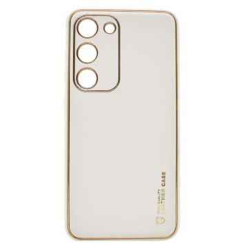 Husa eleganta din piele ecologica pentru Samsung Galaxy S21 Plus cu accente aurii, Alb