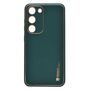 Husa eleganta din piele ecologica pentru Samsung Galaxy S22 Plus cu accente aurii, Verde inchis