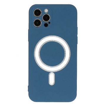 Husa iPhone 12 din silicon cu MagSafe, silk touch, interior din catifea cu decupaje pentru camere, Albastru inchis