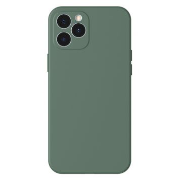 Husa iPhone 12 din silicon, silk touch, interior din catifea cu decupaje pentru camere, Verde inchis