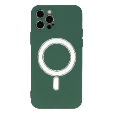 Husa iPhone 13 din silicon cu MagSafe, silk touch, interior din catifea cu decupaje pentru camere, Verde inchis