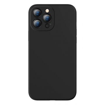 Husa iPhone 13 din silicon, silk touch, interior din catifea cu decupaje pentru camere, Negru