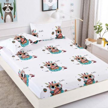 Cearsaf cu elastic Bumbac FINET 160/180x200cm 2 fete de perne 50x70cm Jojo Home Alb-Multicolor bufnite