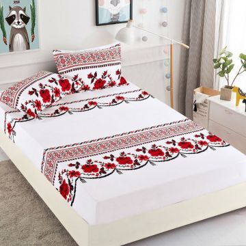 Cearsaf cu elastic Bumbac FINET 160/180x200cm 2 fete de perne 50x70cm Jojo Home Alb-Rosu model traditional
