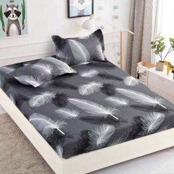 Cearsaf cu elastic Bumbac FINET 160/180x200cm 2 fete de perne 50x70cm Jojo Home Gri-Multicolor pene