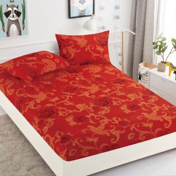 Cearsaf cu elastic Bumbac FINET 160/180x200cm 2 fete de perne 50x70cm Jojo Home Rosu flori
