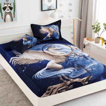 Cearsaf cu elastic Bumbac FINET 160x200cm 2 fete de perne 50x70cm IMPRIMEU DIGITAL -IDENTIC CU POZA Jojo Home Bleumarin-Alb unicorn