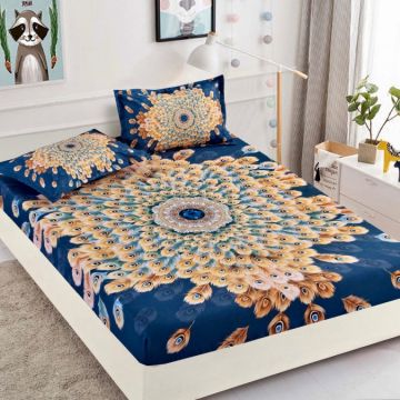 Cearsaf cu elastic Bumbac FINET 160x200cm 2 fete de perne 50x70cm IMPRIMEU DIGITAL -IDENTIC CU POZA Jojo Home Bleumarin-Multicolor pene paun