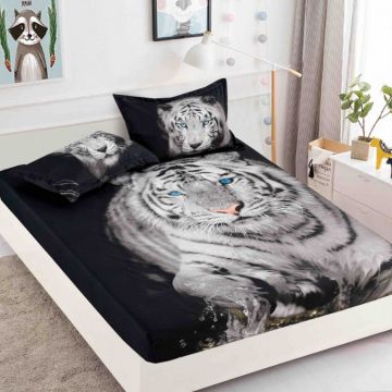 Cearsaf cu elastic Bumbac FINET 160x200cm 2 fete de perne 50x70cm IMPRIMEU DIGITAL -IDENTIC CU POZA Jojo Home Negru-Gri tigru