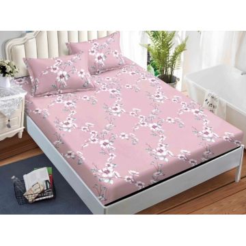 Cearsaf cu elastic Bumbac FINET 160x200cm 2 fete de perne 50x70cm Roz-Alb flori