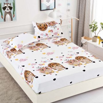 Cearsaf cu elastic Bumbac FINET 90x200cm 2 fete de perne 50x70cm Jojo Home Alb-Multicolor bufnite inimioare
