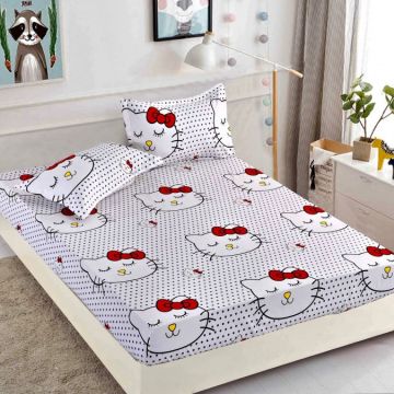 Cearsaf cu elastic Bumbac FINET 90x200cm 2 fete de perne 50x70cm Jojo Home Alb-Multicolor Hello Kitty