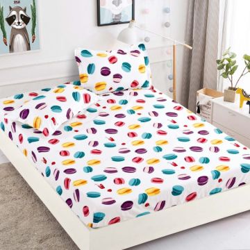 Cearsaf cu elastic Bumbac FINET 90x200cm 2 fete de perne 50x70cm Jojo Home Alb-Multicolor macarons