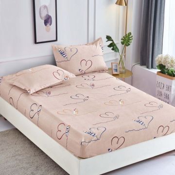 Cearsaf cu elastic Bumbac FINET 90x200cm 2 fete de perne 50x70cm Jojo Home Bej-Negru inimioare