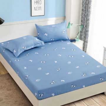 Cearsaf cu elastic Bumbac FINET 90x200cm 2 fete de perne 50x70cm Jojo Home Bleu-Alb fluturi frunze