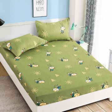 Cearsaf cu elastic Bumbac FINET 90x200cm 2 fete de perne 50x70cm Jojo Home Verde-Multicolor albinute