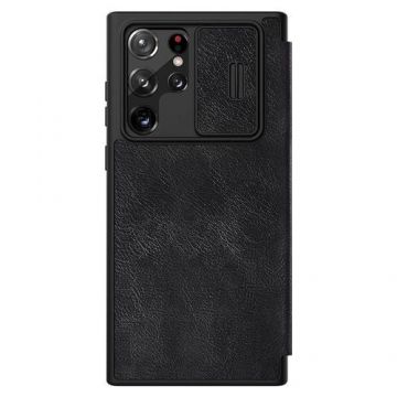 Husa Carte Nillkin Qin Pro, pentru Samsung Galaxy S22 Ultra, Protectie camera, Piele Eco, Negru